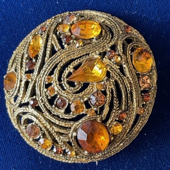 Vintage AMBER AND TOPAZ RHINESTONE BROOCH Gold Tone Braided Pot Metal Pre 1950's - Picture 2 of 12